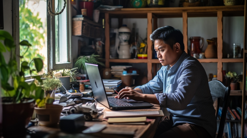 Asian man working on a laptop from home for remote technical support